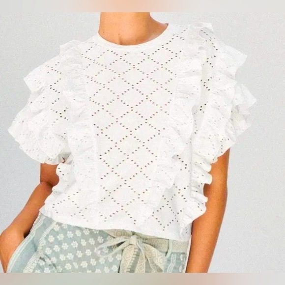 Zara Tops - Zara White EMBROIDERED PERFORATED Short Sleeve Top Shirt  Womens SIZE Medium